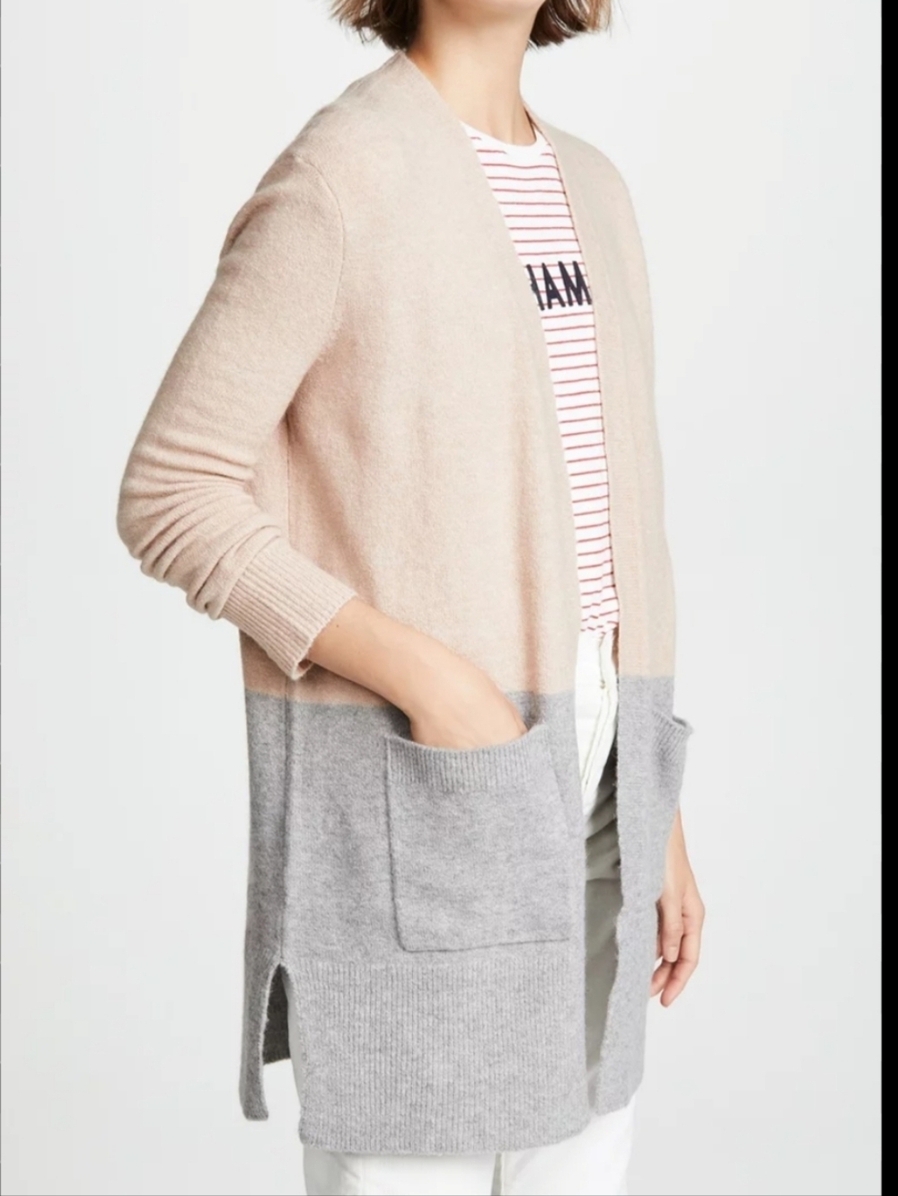 Madewell Two-Tone Open Cardigan in Beige and Gray Size XS Oversized